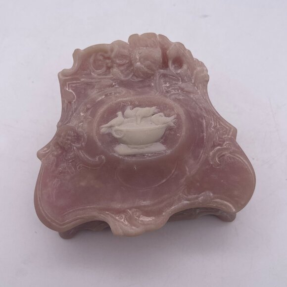 Vintage Genuine INCOLAY STONE Jewelry Trinket Box Pink Birds Bath 4.5" A9 - Picture 1 of 13